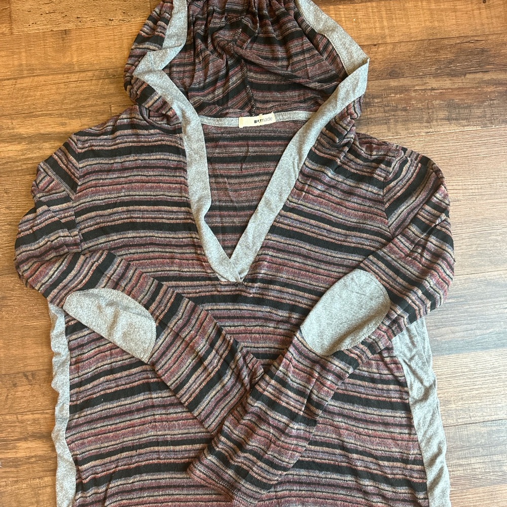 LAmade Striped Hooded Knit Pullover Top in Gray and Brown